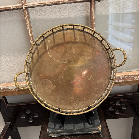 Vintage Round Decorative Brass Tray with Handles